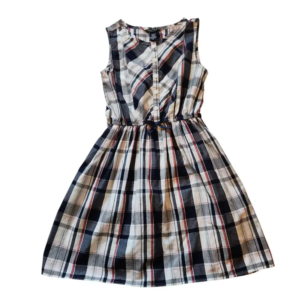Nautica Girls Dress Size 10 Red White Blue Plaid Sleeveless High Waist Button